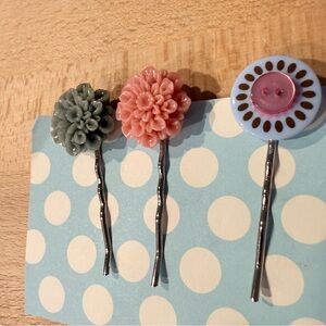 Alchemy Relics Handmade Hair Pins – Floral & Vintage Button Trio (Set of 3)